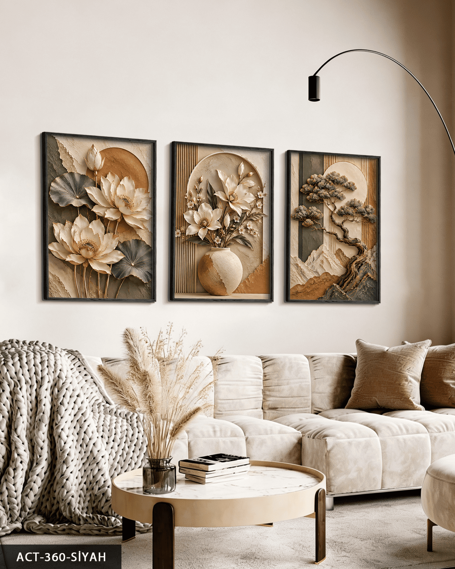 Dokulu Görünüm Soft Ağaç ve Çiçek 3 Parça Ahşap Çerçeveli Tablo ACT Siyah - 40 x 60 CM