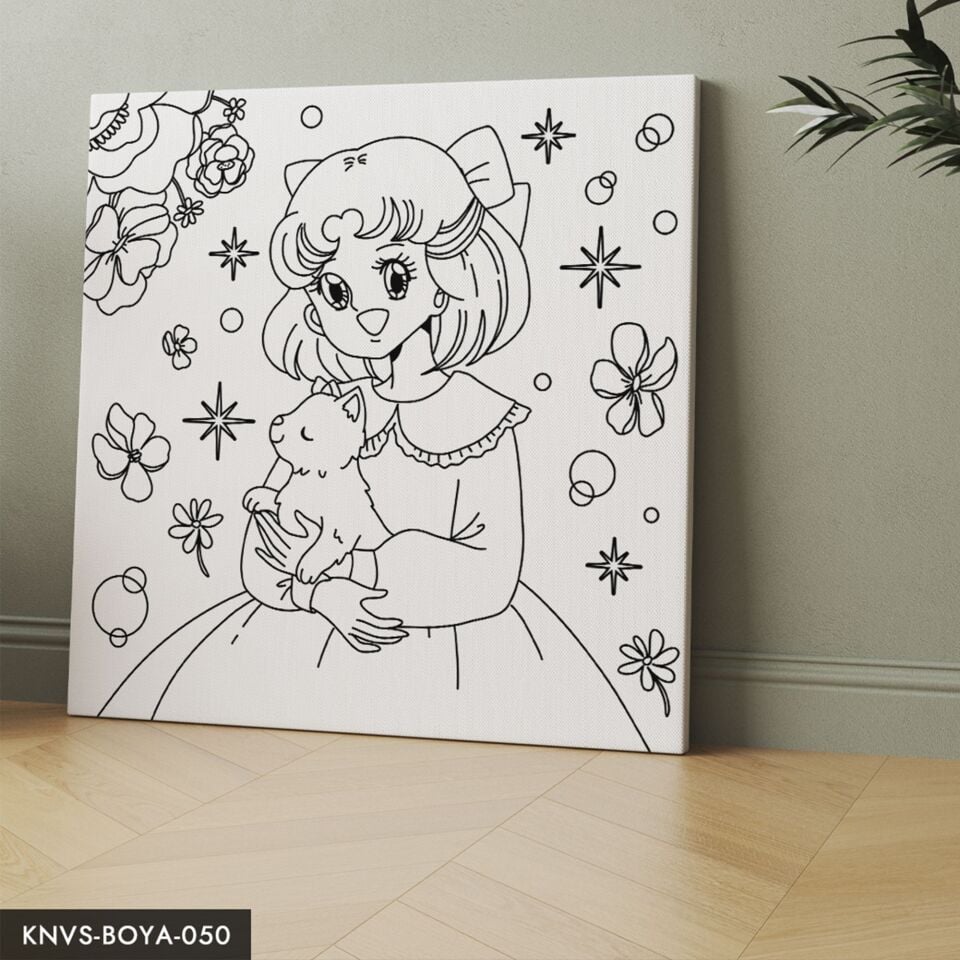 Kedi Seven Sevimli Kız Çocuklara Özel 20x20 CM Kanvas Tuval Boyama Seti Fırça Boya Dahildir