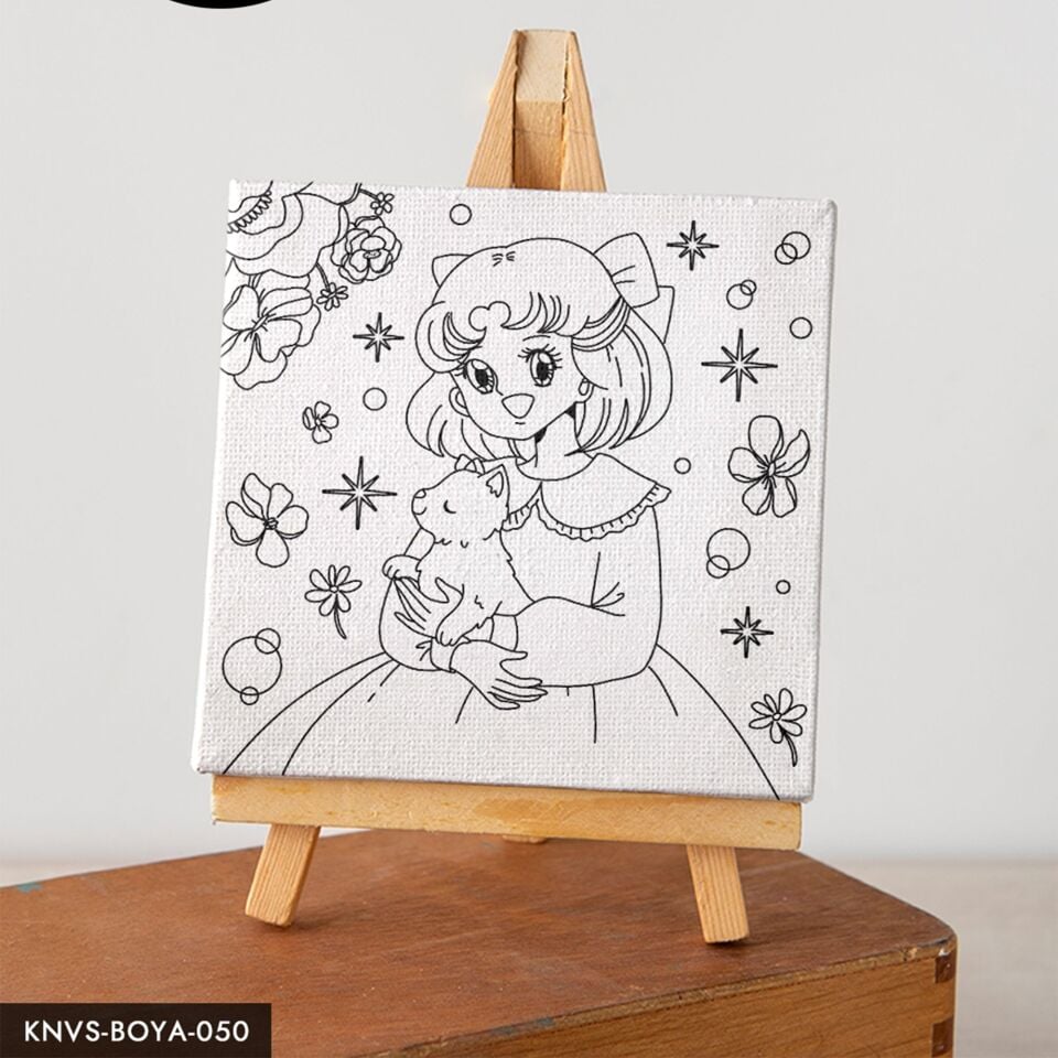 Kedi Seven Sevimli Kız Çocuklara Özel 20x20 CM Kanvas Tuval Boyama Seti Fırça Boya Dahildir