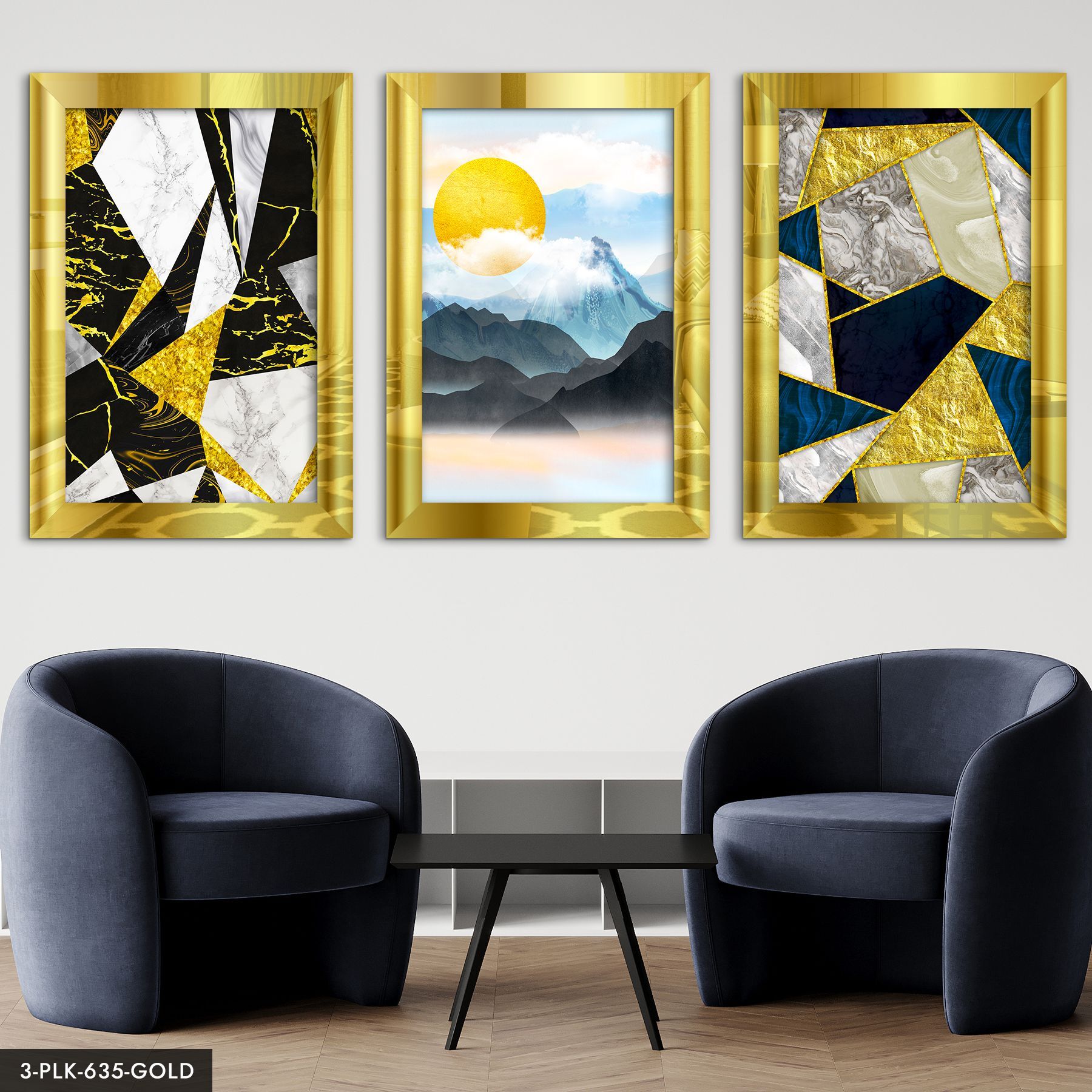 Soyut Dağ Güneş 3 Parça Pleksi Aynalı Tablo 20 x 30 CM - Gold