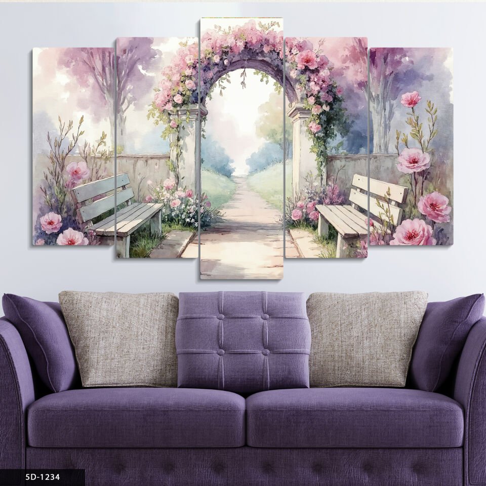 Çiçekli Bahçe 5 Parça Mdf Tablo 60x100 CM