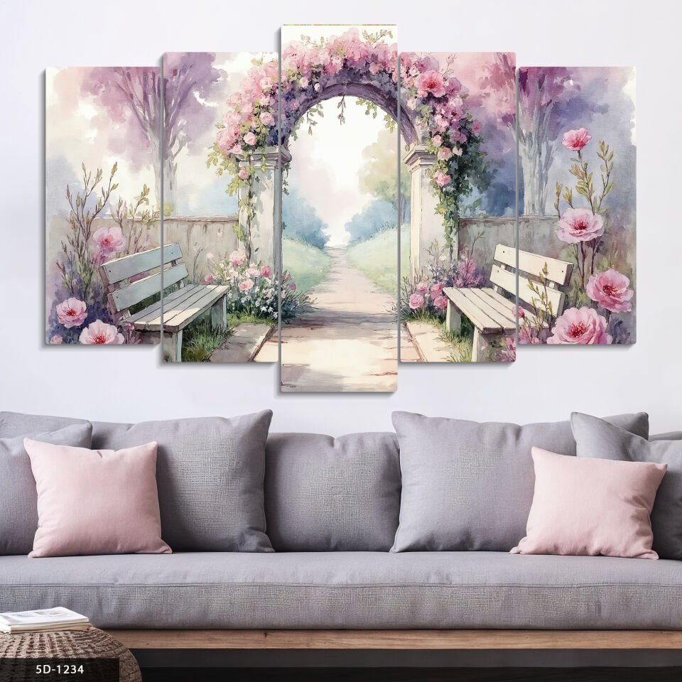 Çiçekli Bahçe 5 Parça Mdf Tablo 60x100 CM