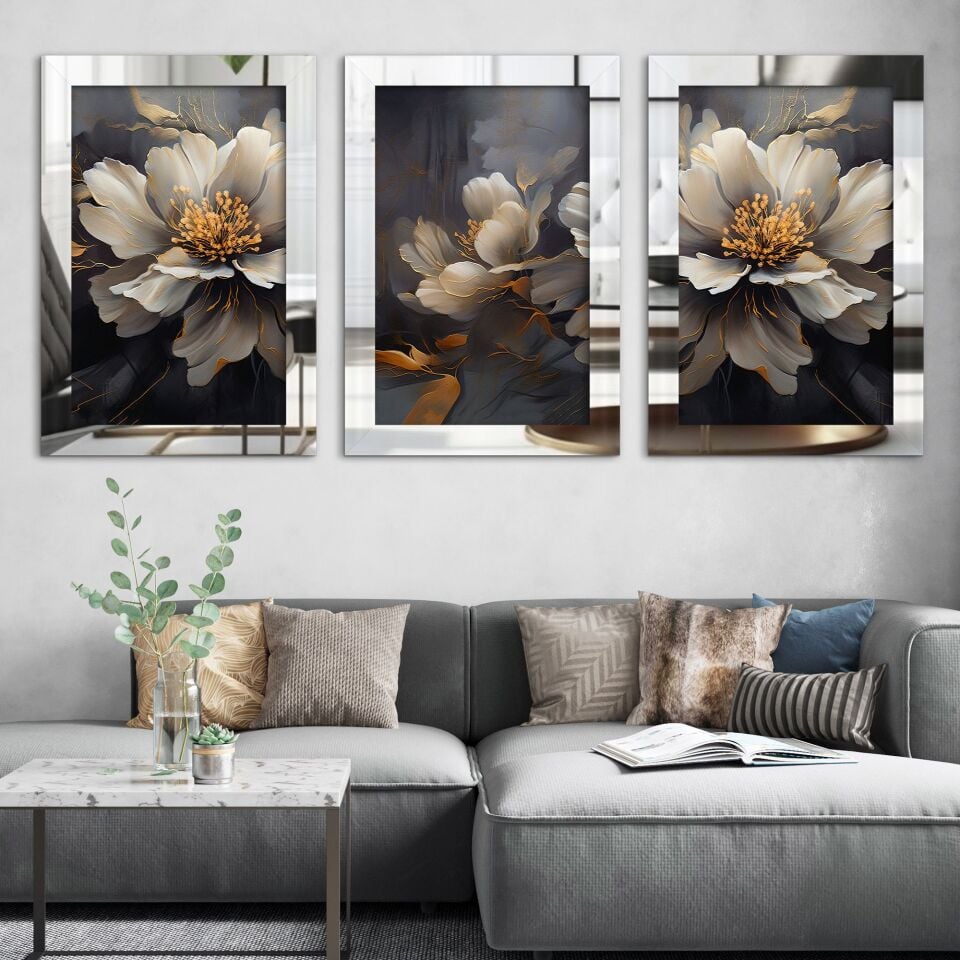 Mavi Yeşil Yapraklar ve Çiçek 3 Parça Pleksi Aynalı Tablo 20 x 30 CM - Gümüş