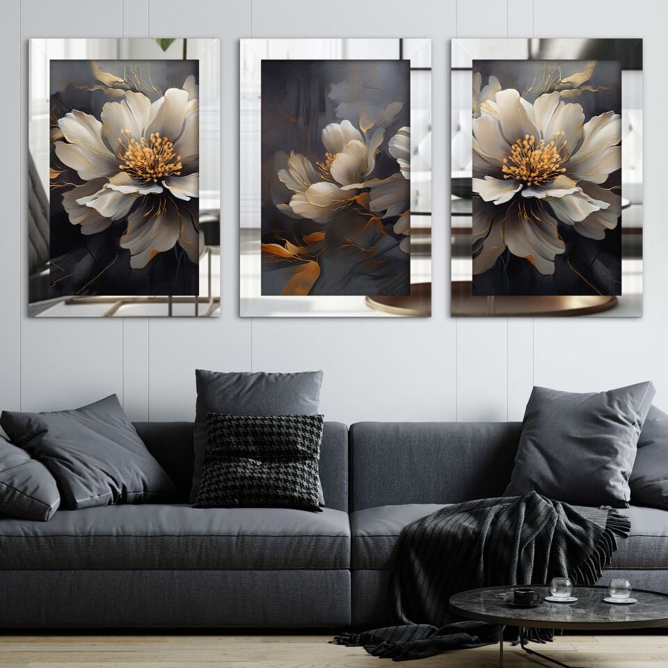 Mavi Yeşil Yapraklar ve Çiçek 3 Parça Pleksi Aynalı Tablo 20 x 30 CM - Gümüş