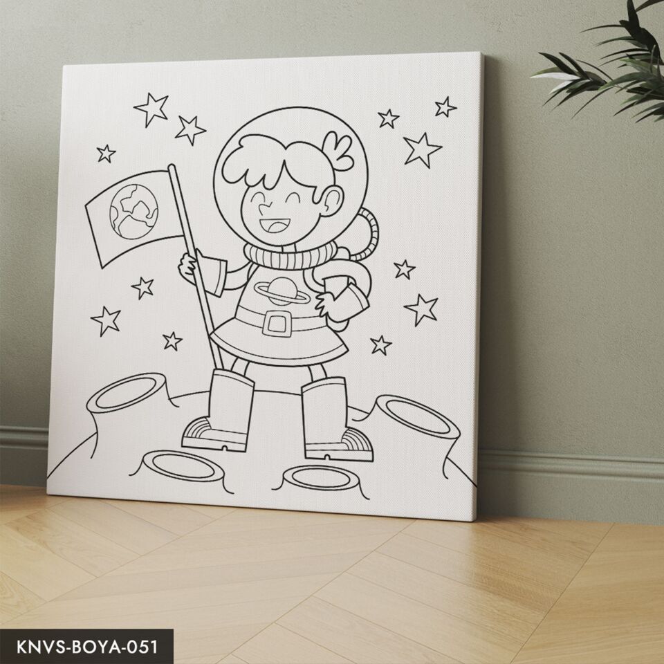 Sevimli Astronot Çocuklara Özel 20x20 CM Kanvas Tuval Boyama Seti Fırça Boya Dahildir
