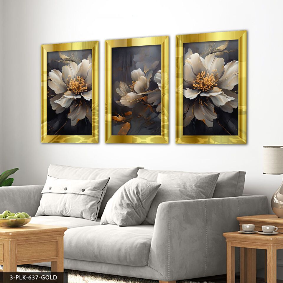 Çiçekler 3 Parça Pleksi Aynalı Tablo 20 x 30 CM - Gold