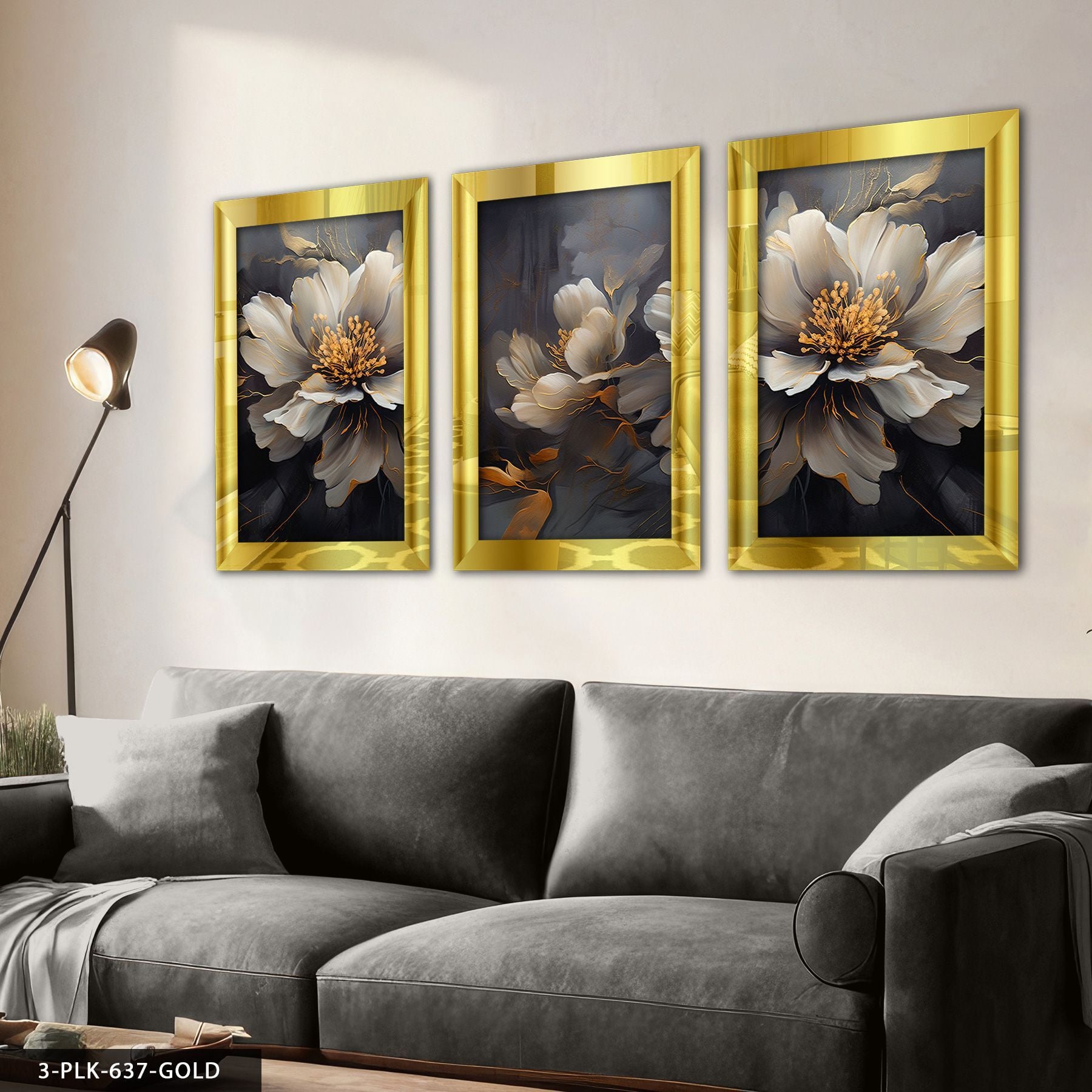 Çiçekler 3 Parça Pleksi Aynalı Tablo 20 x 30 CM - Gold