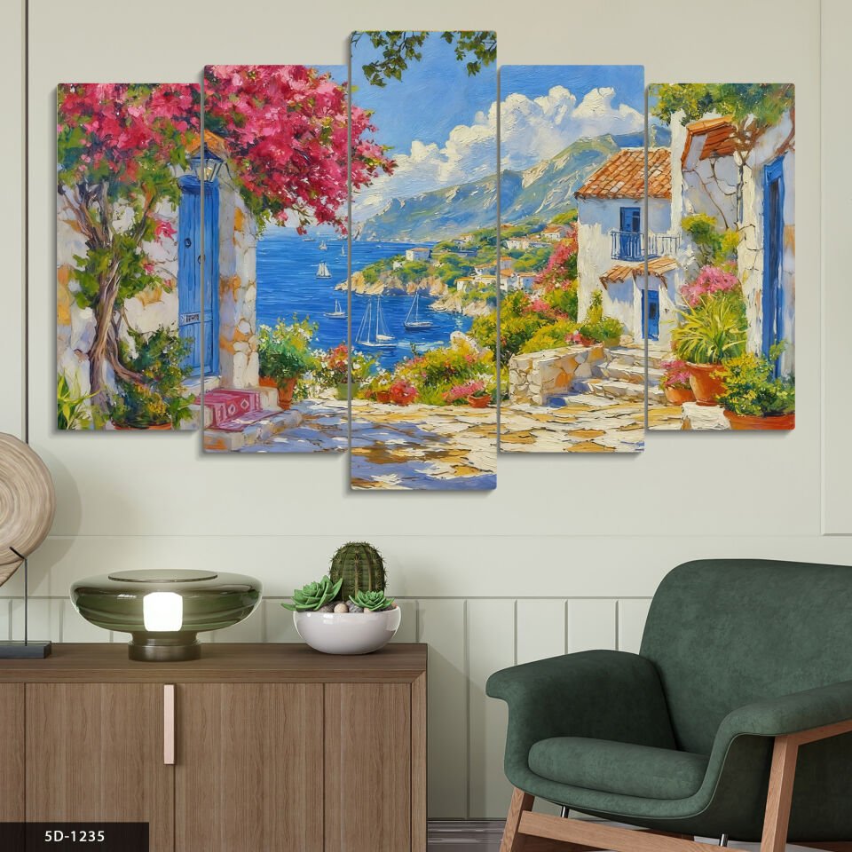 Yağlı Boya Görünümlü Denize Bakan Evler 5 Parça Mdf Tablo 60x100 CM