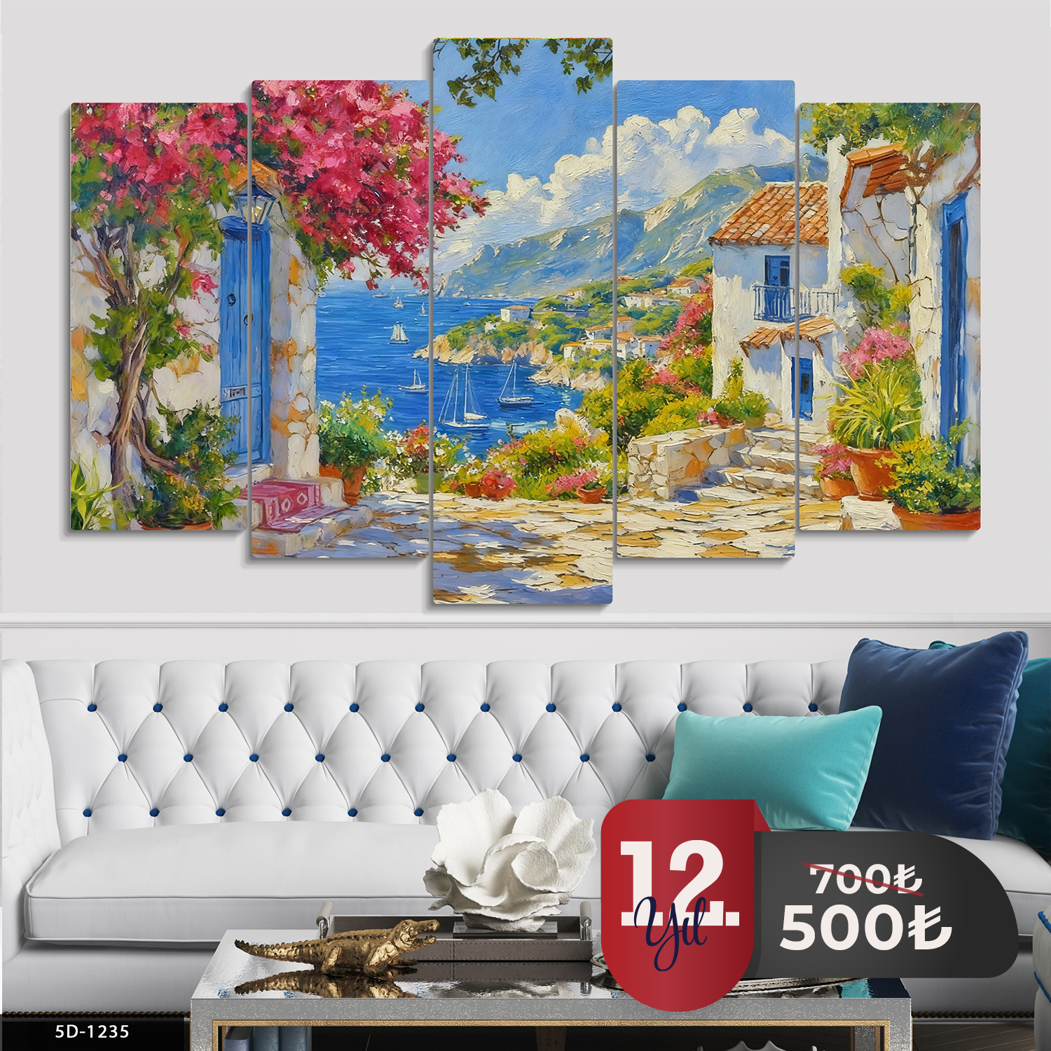 Yağlı Boya Görünümlü Denize Bakan Evler 5 Parça Mdf Tablo 60x100 CM