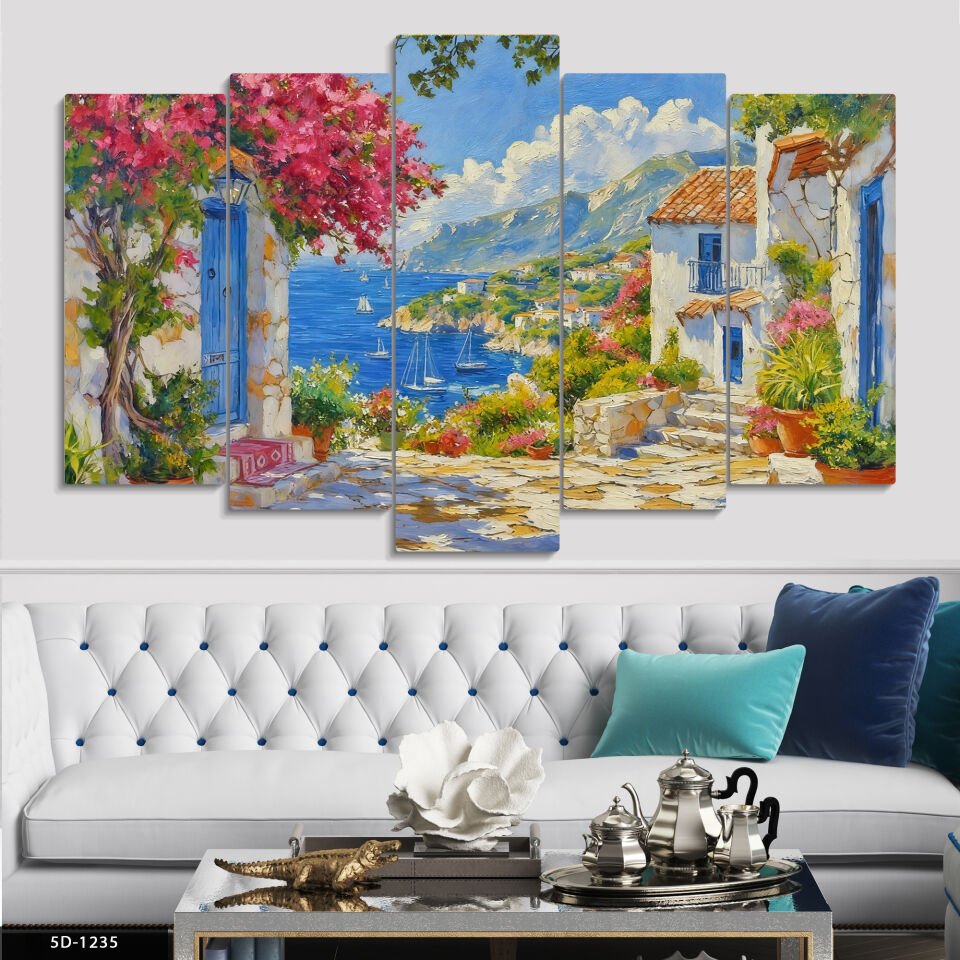Yağlı Boya Görünümlü Denize Bakan Evler 5 Parça Mdf Tablo 60x100 CM