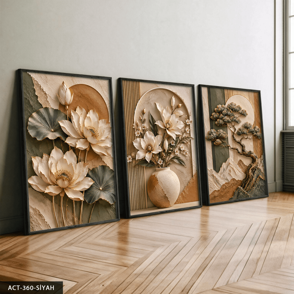 Dokulu Görünüm Soft Ağaç ve Çiçek 3 Parça Ahşap Çerçeveli Tablo ACT Siyah - 50 x 70 CM