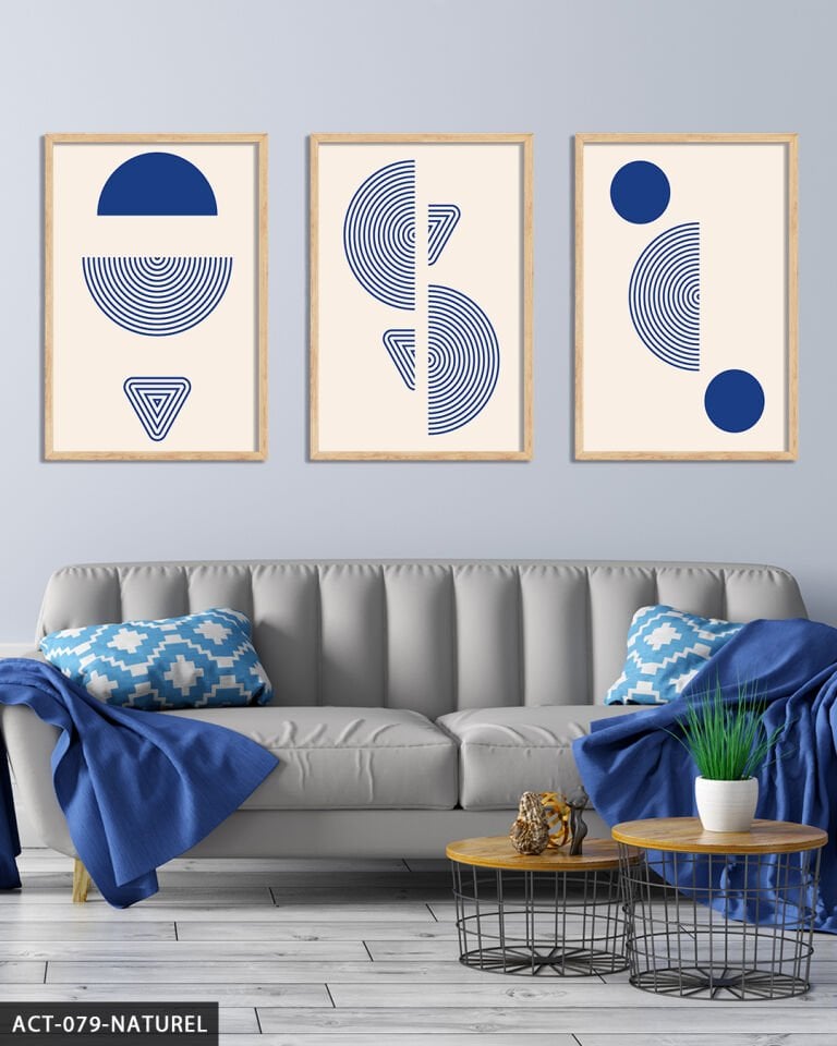 Mavi Soyut Desen 3 Parça Ahşap Çerçeveli Tablo Naturel - 40 x 60 CM