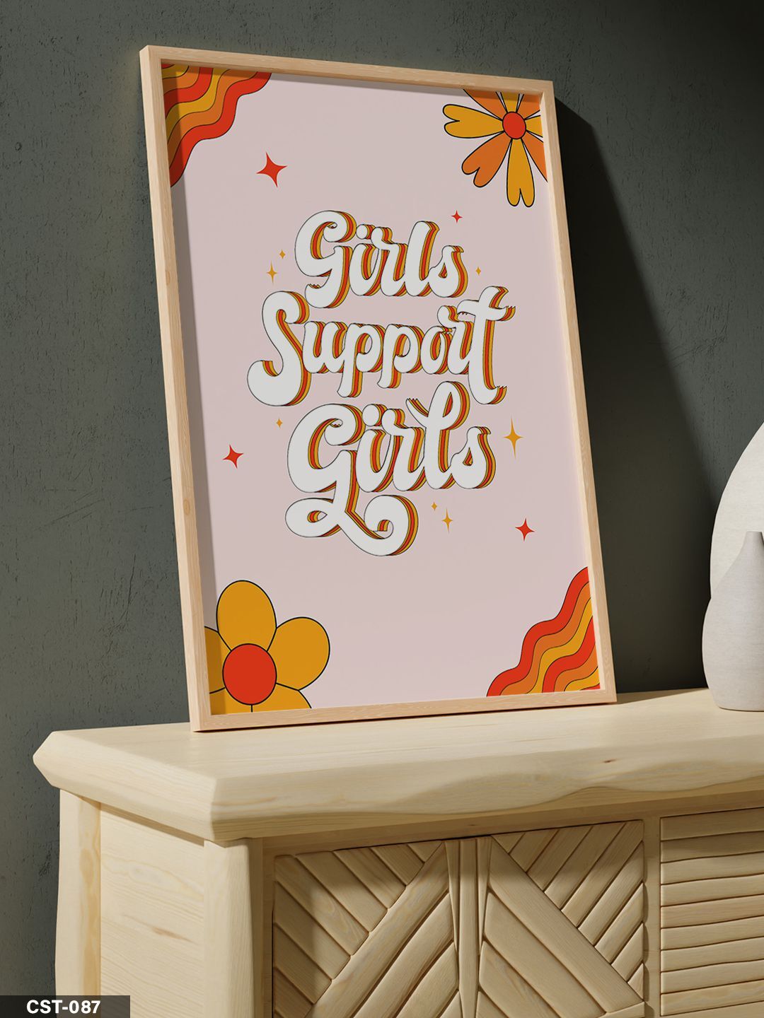 Turuncu Fonlu Girls Support Girls Yazılı Tek Parça Ahşap Çerçeveli Tablo Naturel - 30 x 40 CM