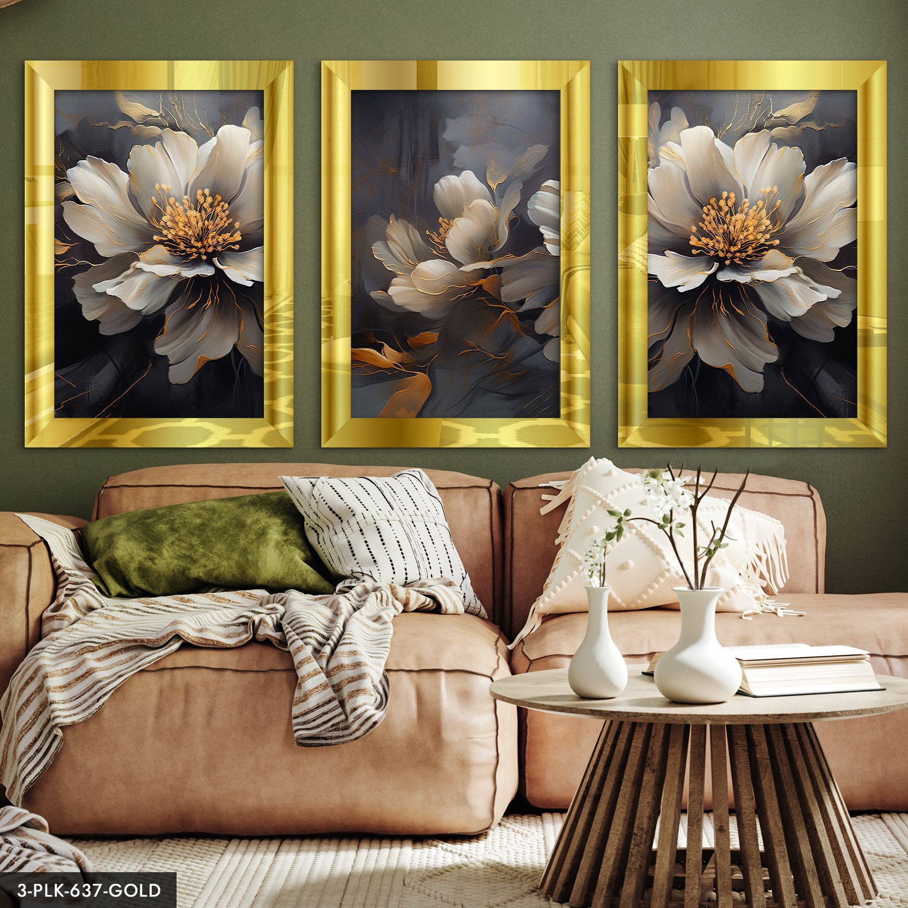 Çiçekler 3 Parça Pleksi Aynalı Tablo 20 x 30 CM - Gold