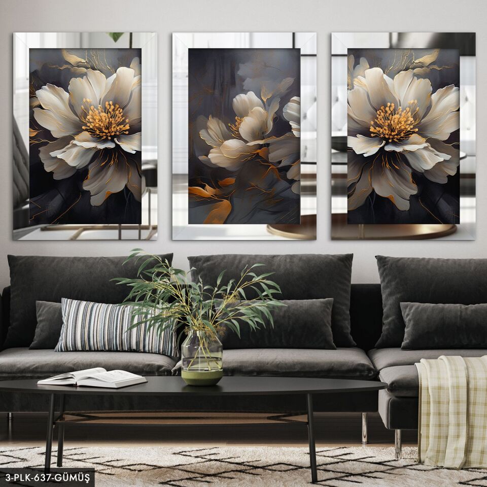 Çiçekler 3 Parça Pleksi Aynalı Tablo 20 x 30 CM - Gümüş