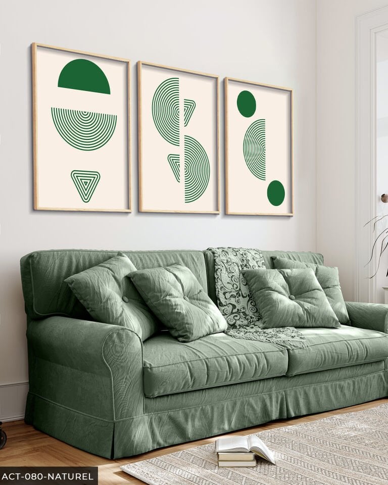 Yeşil Soyut Desen 3 Parça Ahşap Çerçeveli Tablo Naturel - 40 x 60 CM