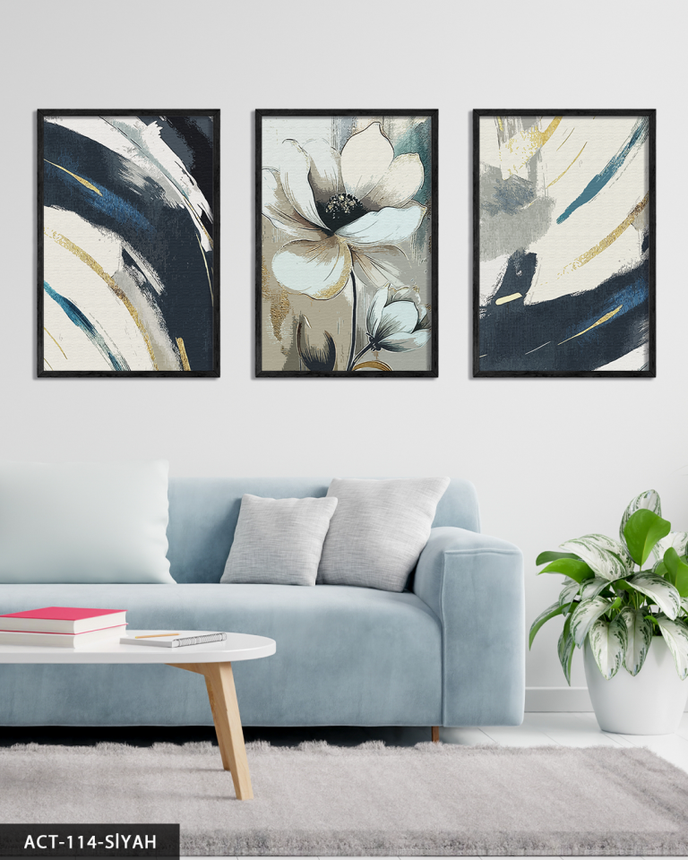 Beyaz Çiçek ve Soyut Sanat 3 Parça Ahşap Çerçeveli Tablo ACT Siyah - 50 x 70 CM