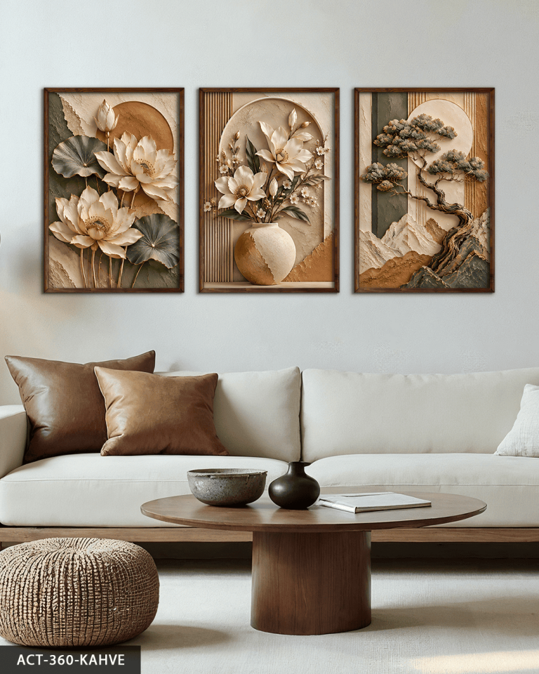 Dokulu Görünüm Soft Ağaç ve Çiçek 3 Parça Ahşap Çerçeveli Tablo ACT Kahverengi - 30 x 40 CM