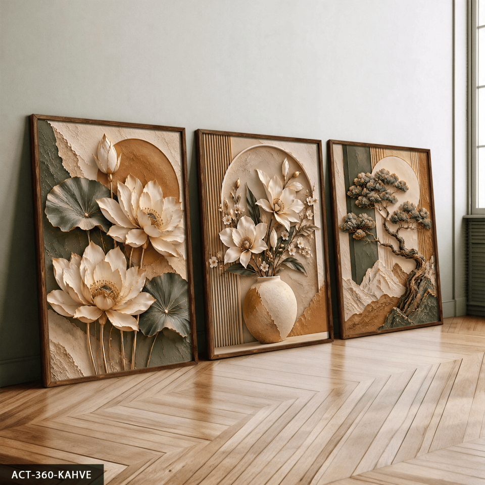 Dokulu Görünüm Soft Ağaç ve Çiçek 3 Parça Ahşap Çerçeveli Tablo ACT Kahverengi - 30 x 40 CM