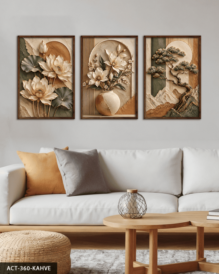 Dokulu Görünüm Soft Ağaç ve Çiçek 3 Parça Ahşap Çerçeveli Tablo ACT Kahverengi - 30 x 40 CM