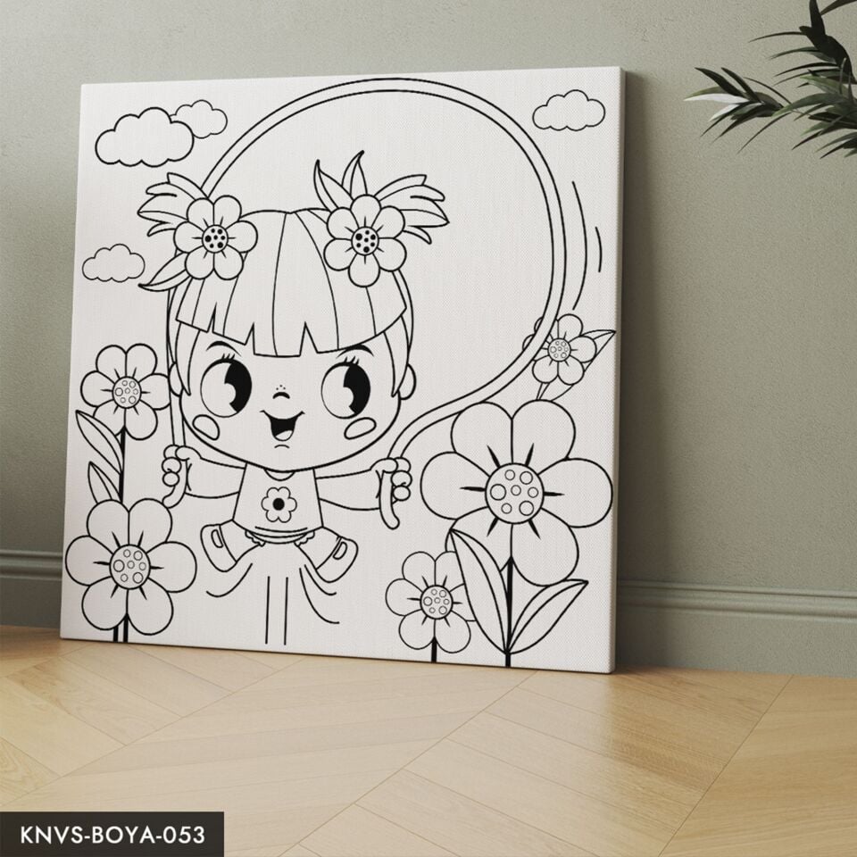 Bahçede İp Atlayan Sevimli Kız Çocuklara Özel 20x20 CM Kanvas Tuval Boyama Seti Fırça Boya Dahildir