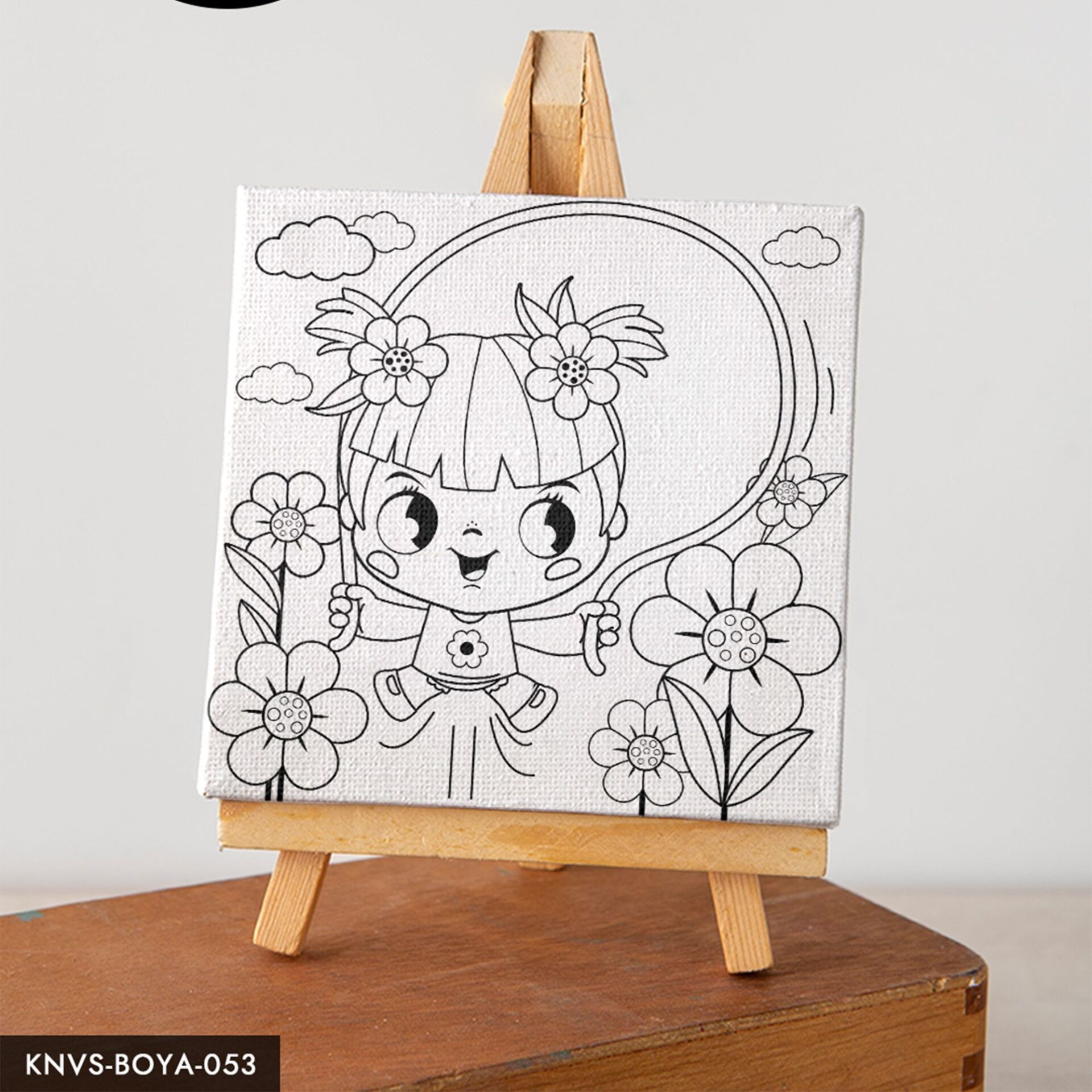 Bahçede İp Atlayan Sevimli Kız Çocuklara Özel 20x20 CM Kanvas Tuval Boyama Seti Fırça Boya Dahildir