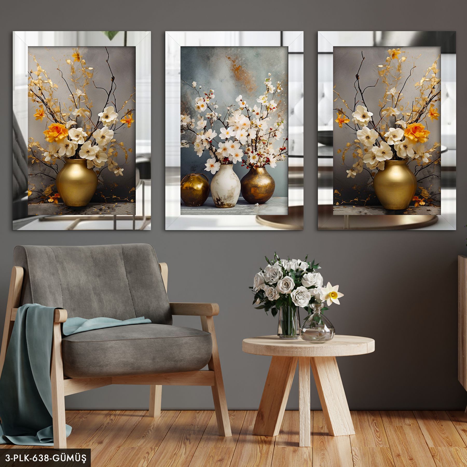 Gold ve Beyaz Vazoda Çiçekler 3 Parça Pleksi Aynalı Tablo 20 x 30 CM - Gümüş
