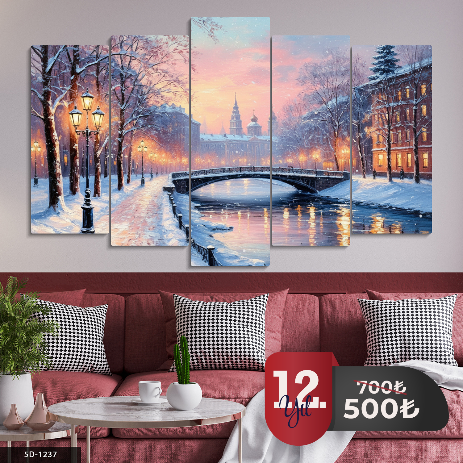 Karlı Köprü 5 Parça Mdf Tablo 60x100 CM