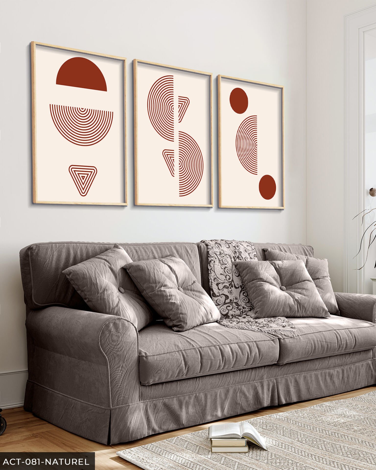 Kırmızı Soyut Desen 3 Parça Ahşap Çerçeveli Tablo Naturel - 40 x 60 CM
