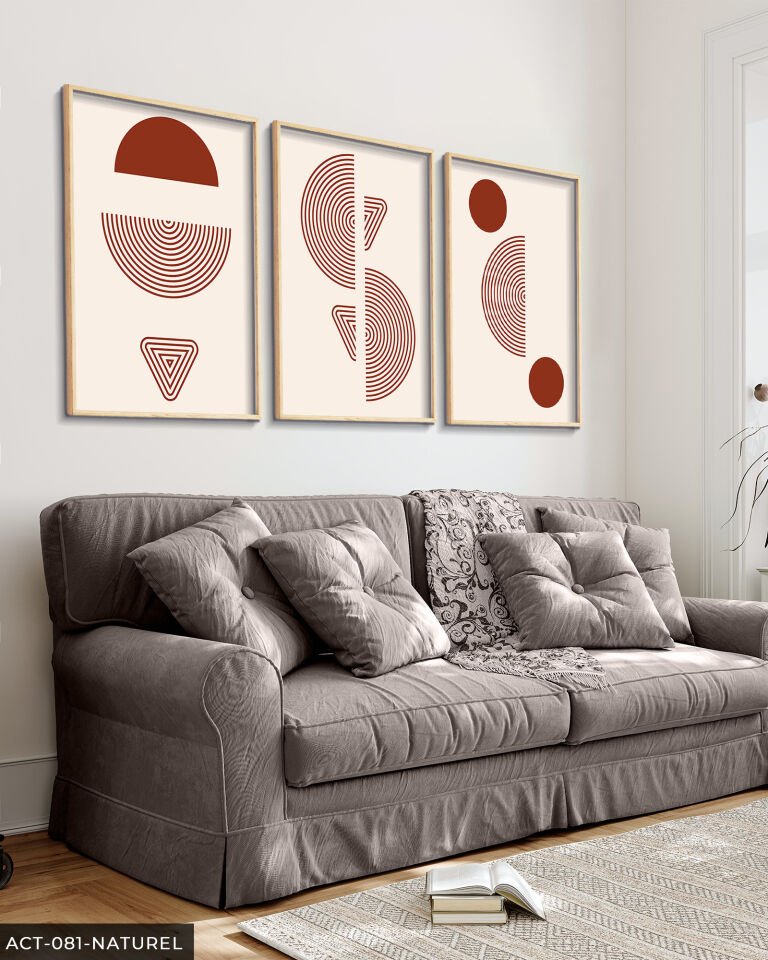 Kırmızı Soyut Desen 3 Parça Ahşap Çerçeveli Tablo Naturel - 40 x 60 CM