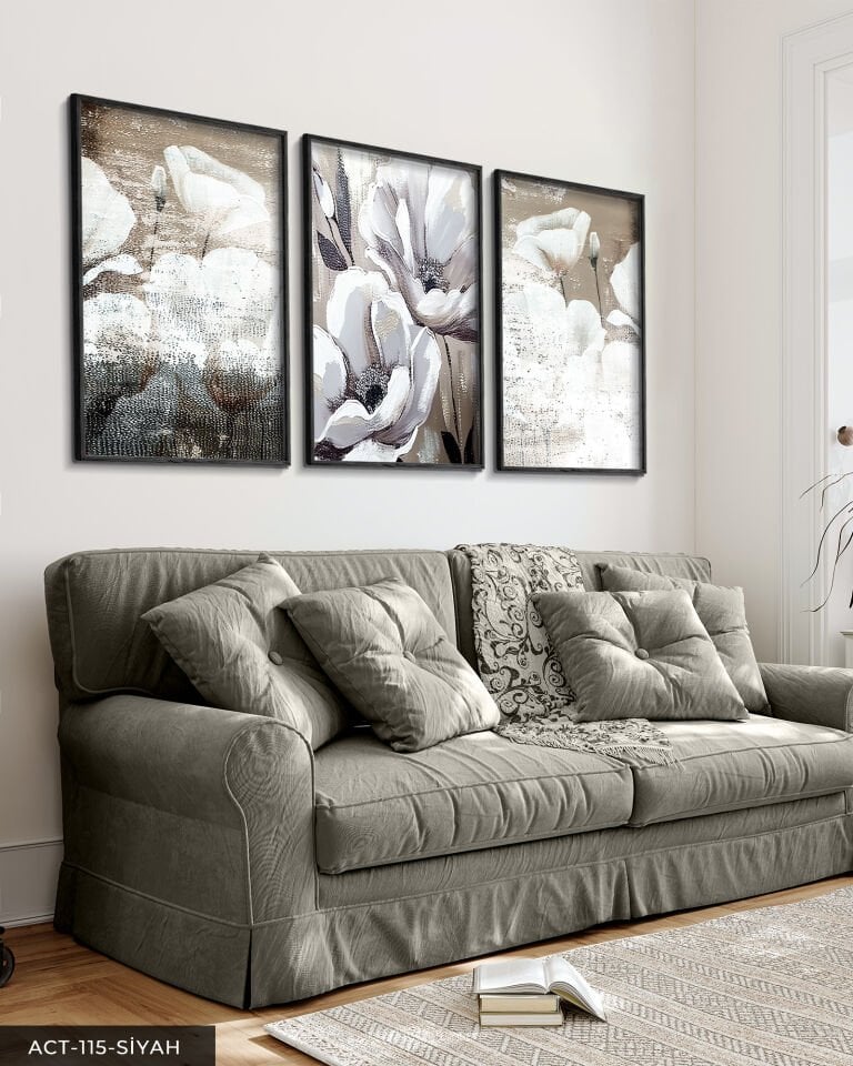 Yağlı Boya Görünümlü Beyaz Çiçek 3 Parça Ahşap Çerçeveli Tablo ACT Siyah - 50 x 70 CM