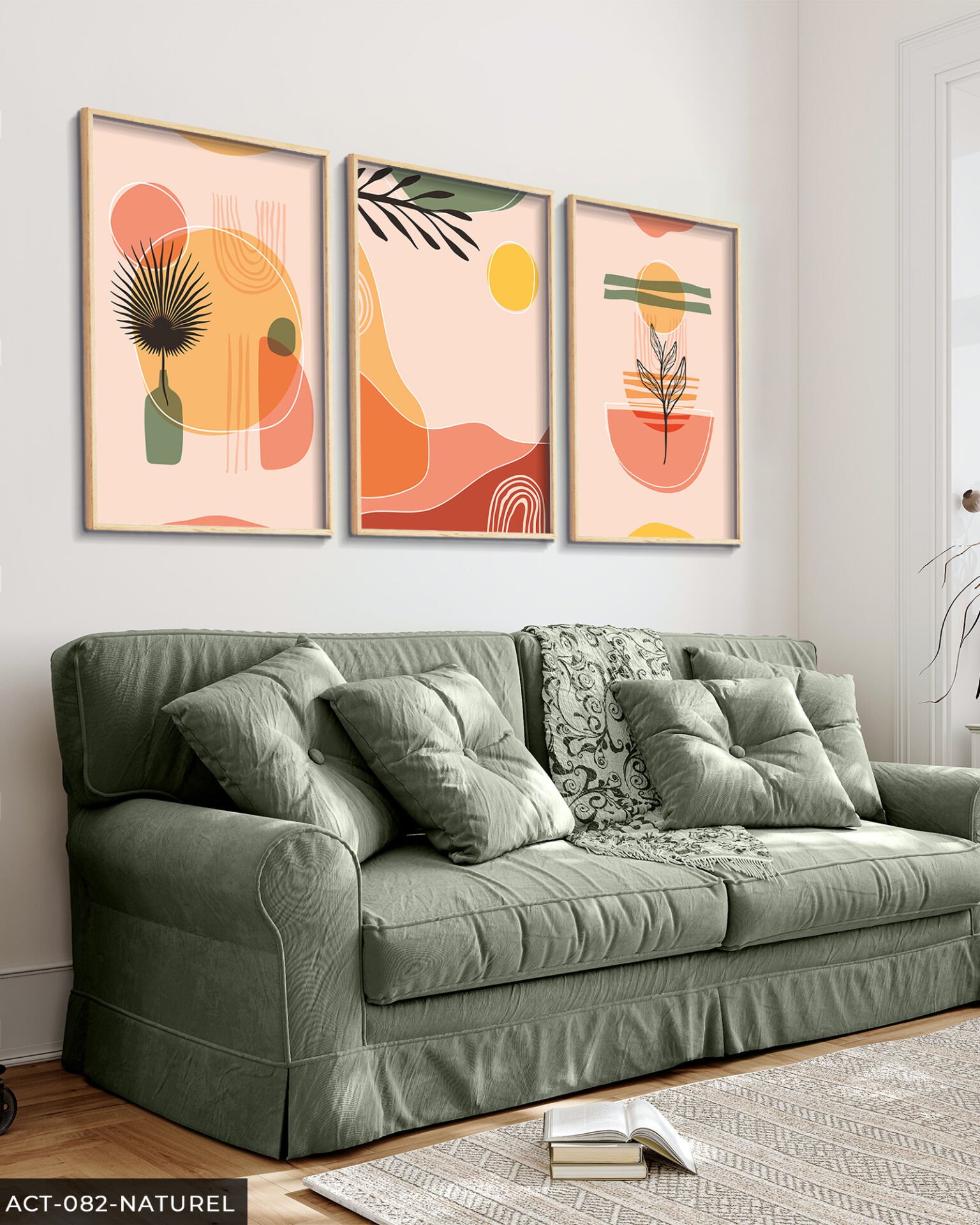 Renkli Doğa Soyut 3 Parça Ahşap Çerçeveli Tablo Naturel - 40 x 60 CM