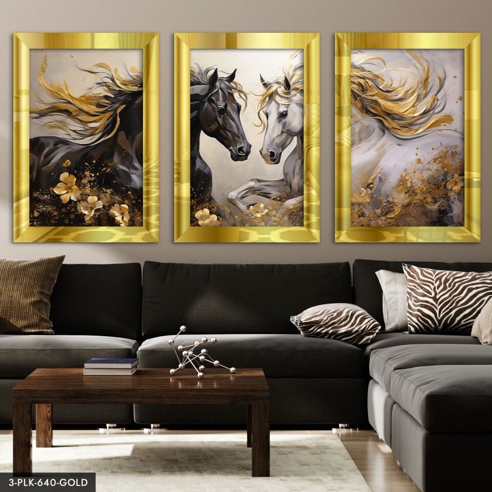 Asil Atlar 3 Parça Pleksi Aynalı Tablo 20 x 30 CM - Gold