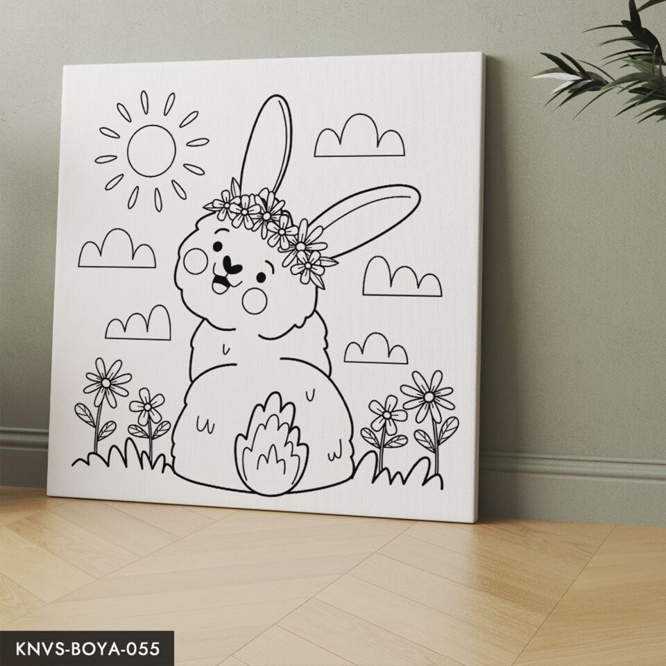 Bahçedeki Sevimli Tavşan Çocuklara Özel 20x20 CM Kanvas Tuval Boyama Seti Fırça Boya Dahildir