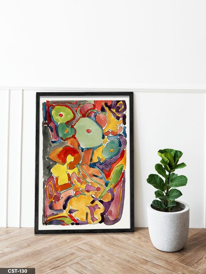 Renkli Figürlü Soyut Tek Parça Ahşap Çerçeveli Tablo Siyah - 40 x 60 CM