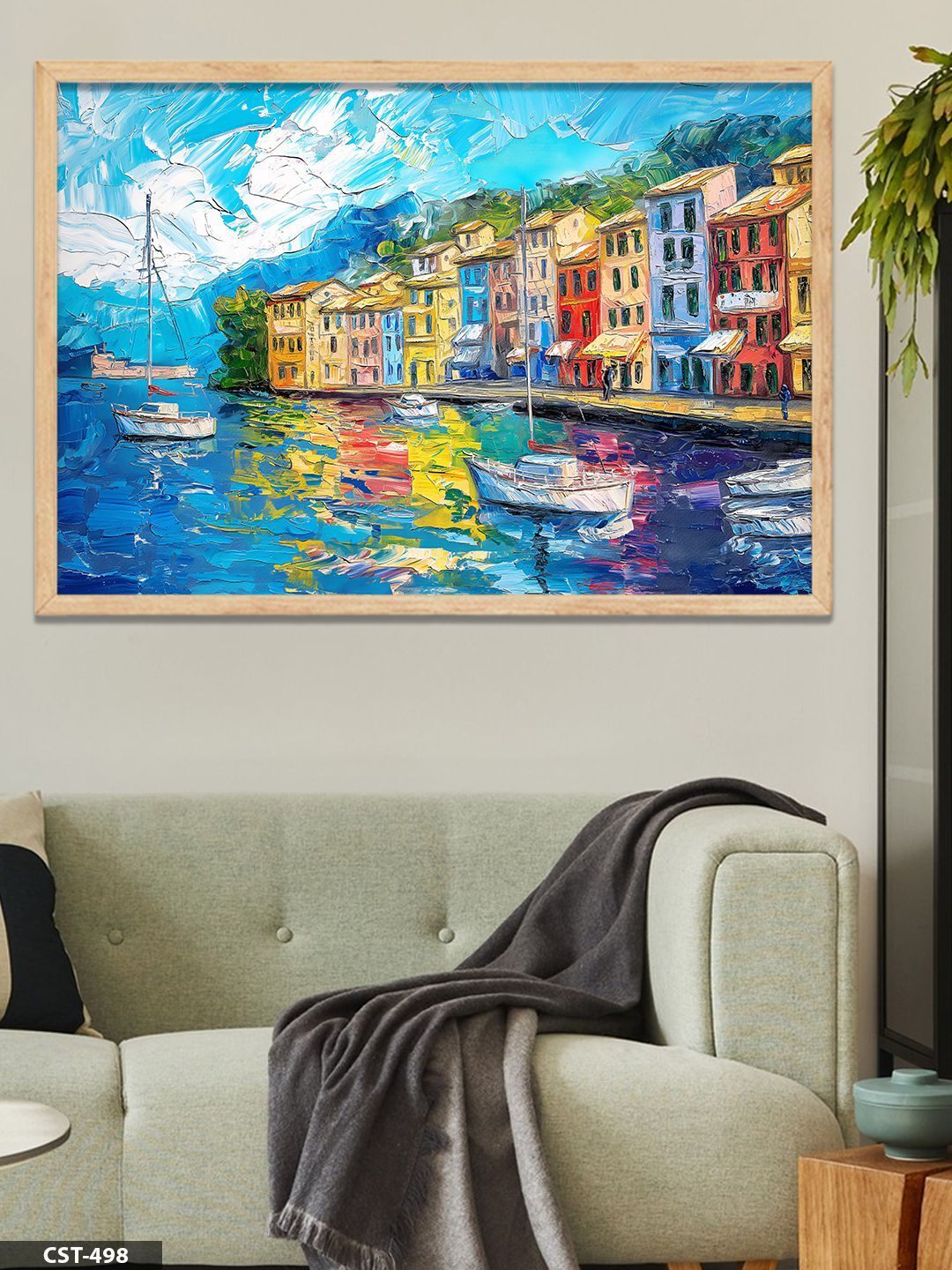 Renkli Liman Tek Parça Ahşap Çerçeveli Tablo Naturel - 40 x 60 CM