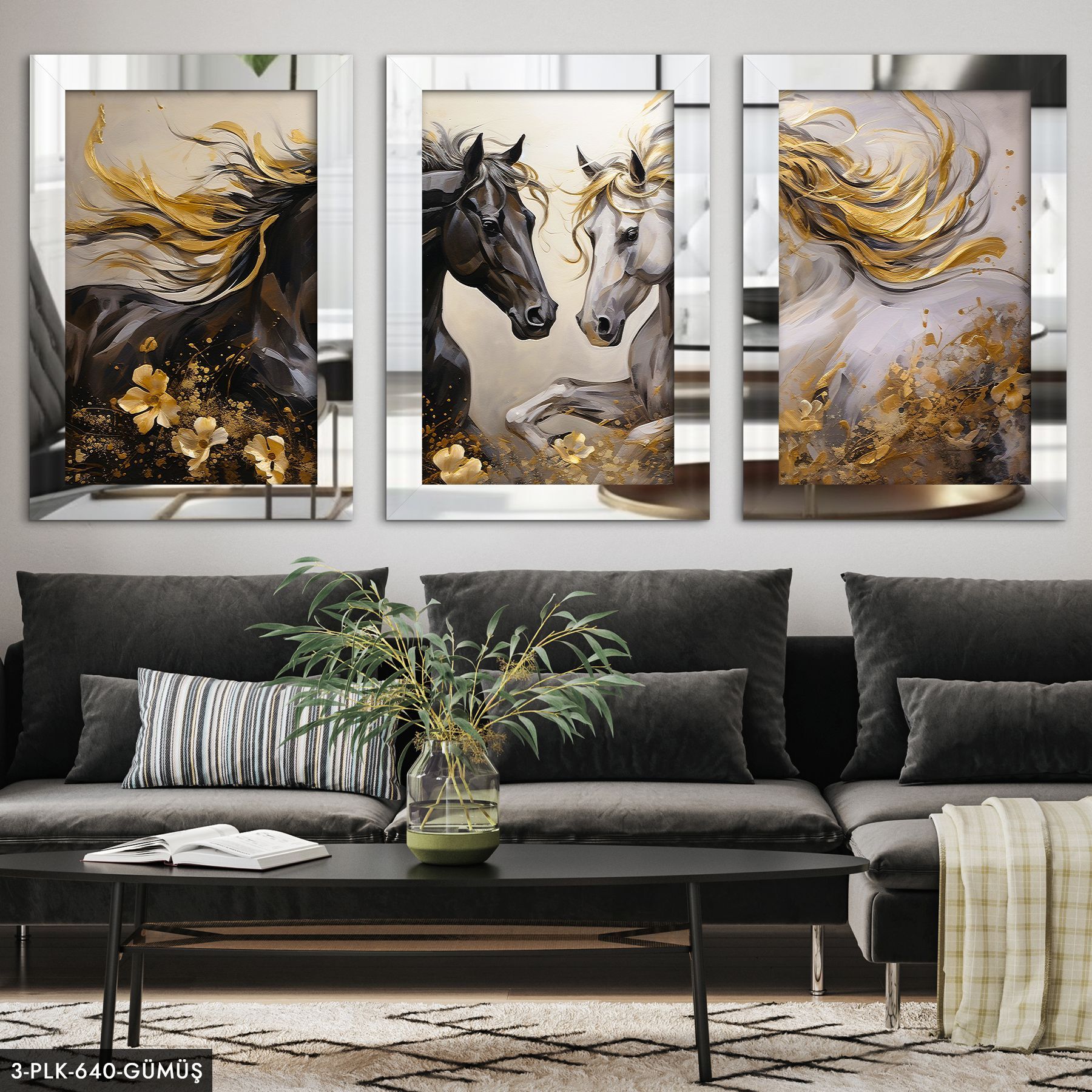 Asil Atlar 3 Parça Pleksi Aynalı Tablo 20 x 30 CM - Gümüş