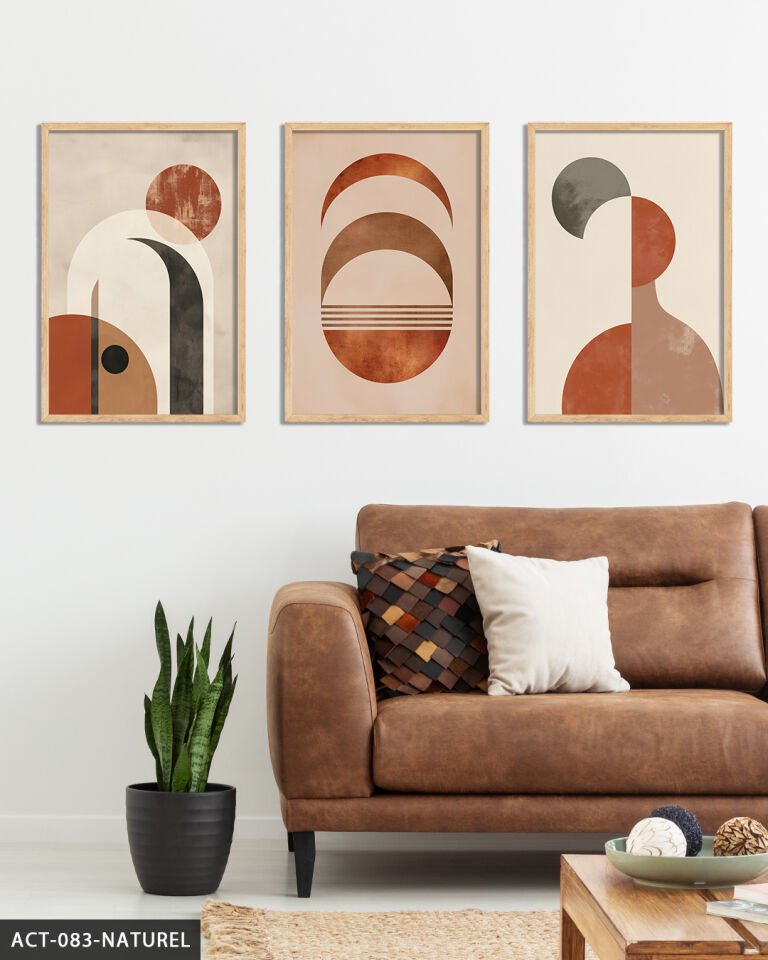 Soyut Desenler 3 Parça Ahşap Çerçeveli Tablo Naturel - 40 x 60 CM