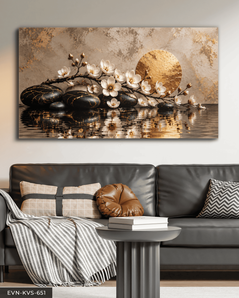 Siyah Seramik Taşlı Altın Detaylı Çiçek Tek Parça Kanvas - Canvas Tablo