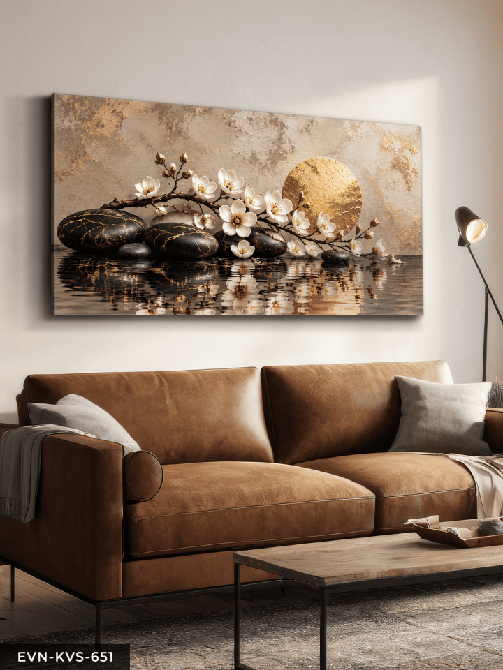 Siyah Seramik Taşlı Altın Detaylı Çiçek Tek Parça Kanvas - Canvas Tablo