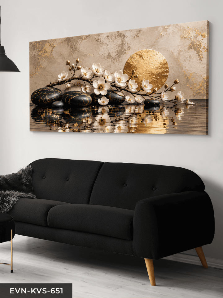 Siyah Seramik Taşlı Altın Detaylı Çiçek Tek Parça Kanvas - Canvas Tablo
