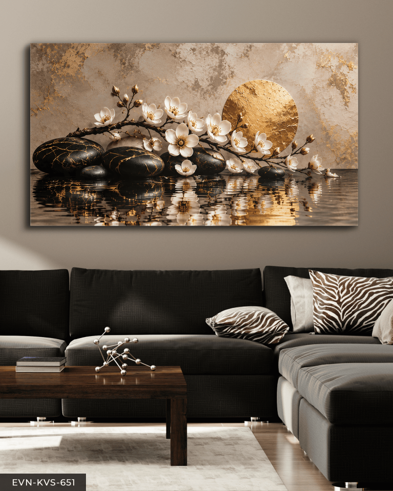 Siyah Seramik Taşlı Altın Detaylı Çiçek Tek Parça Kanvas - Canvas Tablo
