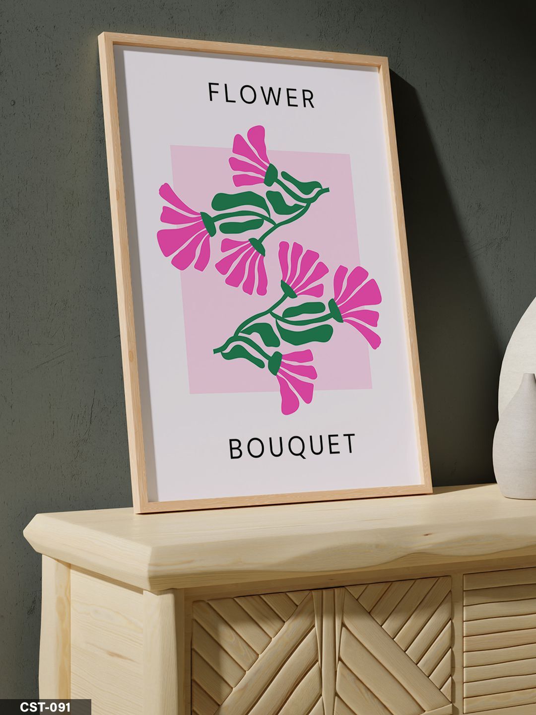 Pembe Çiçek illüstrasyon Flower Bouquet Yazılı Tek Parça Ahşap Çerçeveli Tablo Naturel - 30 x 40 CM