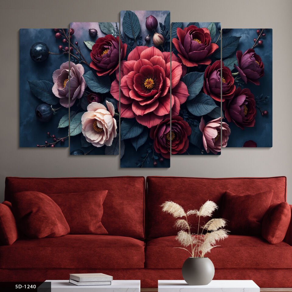 Mavi Yapraklı Renkli Çiçekler 5 Parça Mdf Tablo 60x100 CM