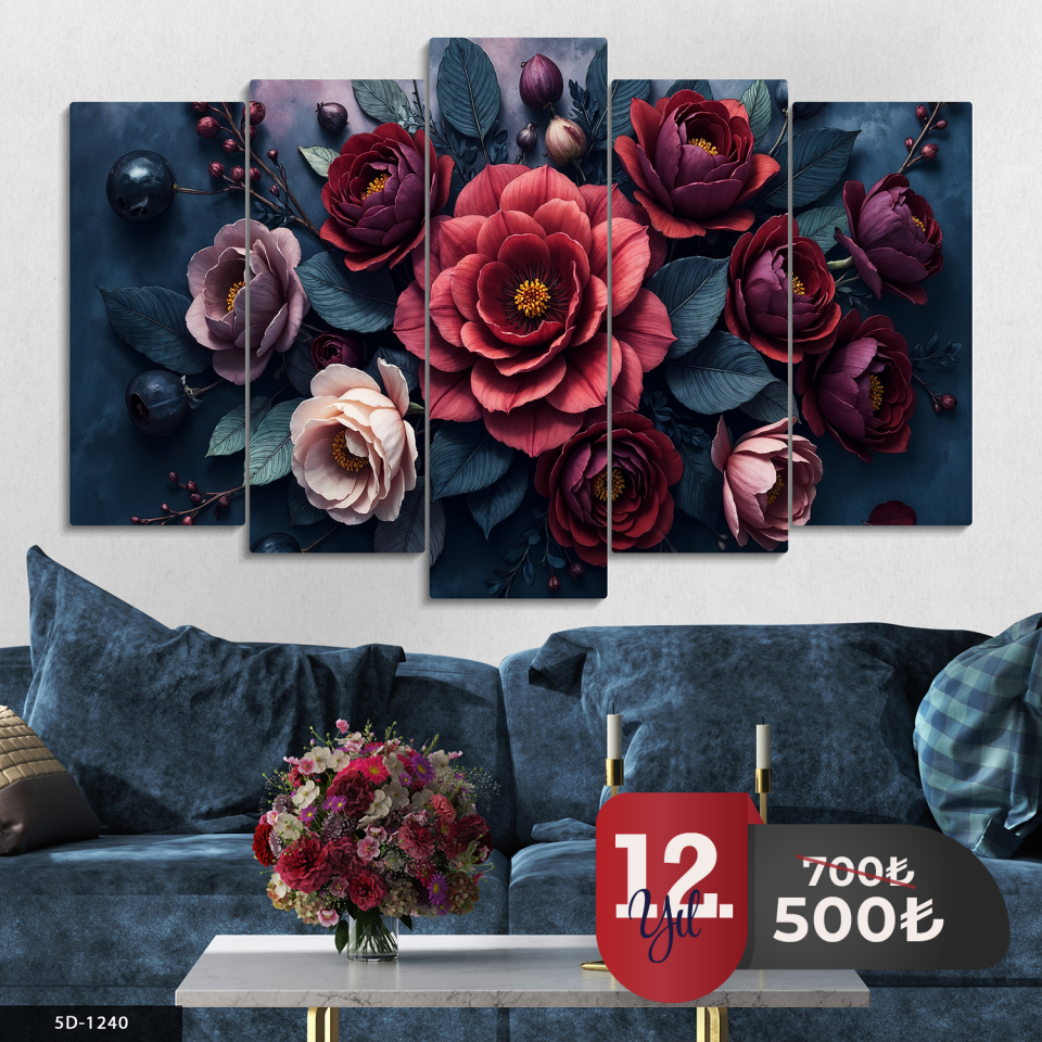 Mavi Yapraklı Renkli Çiçekler 5 Parça Mdf Tablo 60x100 CM