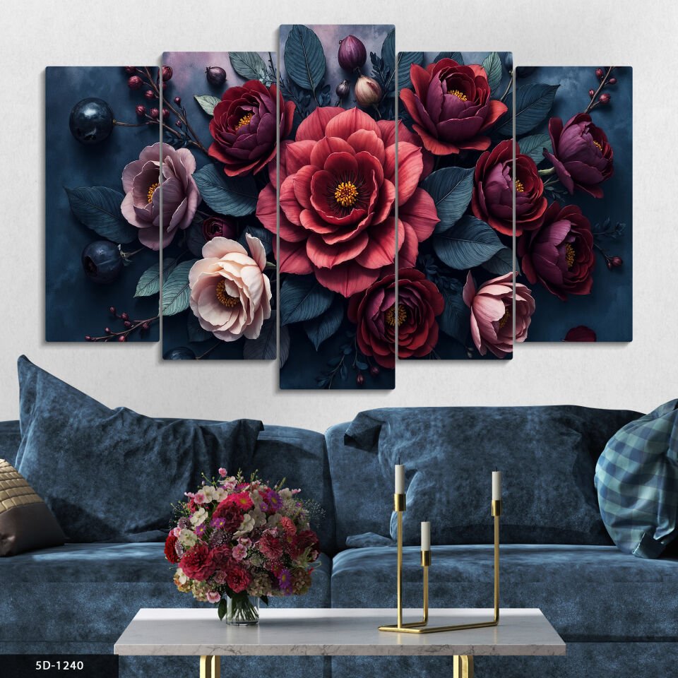 Mavi Yapraklı Renkli Çiçekler 5 Parça Mdf Tablo 60x100 CM