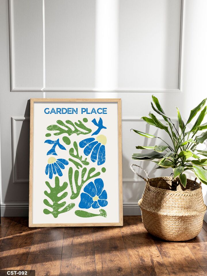 Mavi-yeşil Çiçekli Garden Place Yazılı Tek Parça Ahşap Çerçeveli Tablo Naturel - 30 x 40 CM