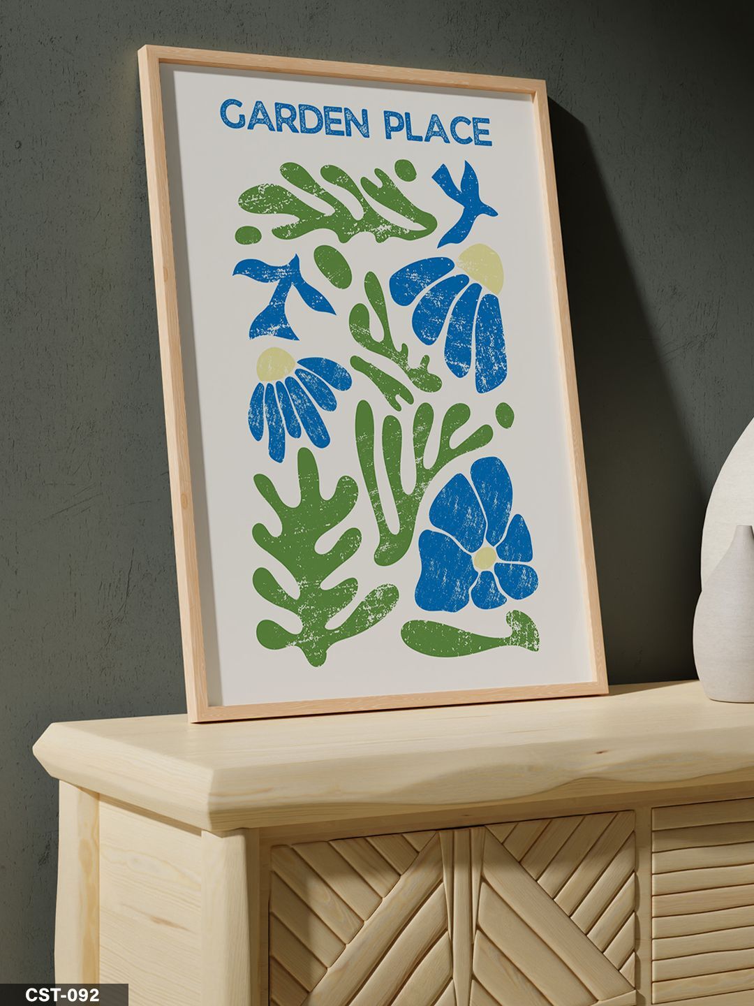 Mavi-yeşil Çiçekli Garden Place Yazılı Tek Parça Ahşap Çerçeveli Tablo Naturel - 30 x 40 CM