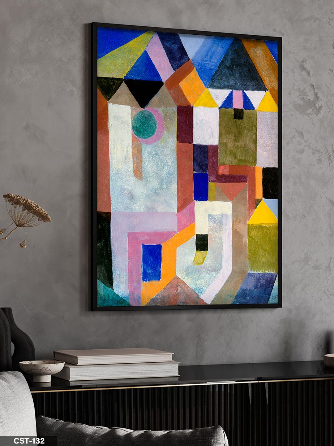 Renkli Geometrik Soyut Desen Tek Parça Ahşap Çerçeveli Tablo Siyah - 40 x 60 CM