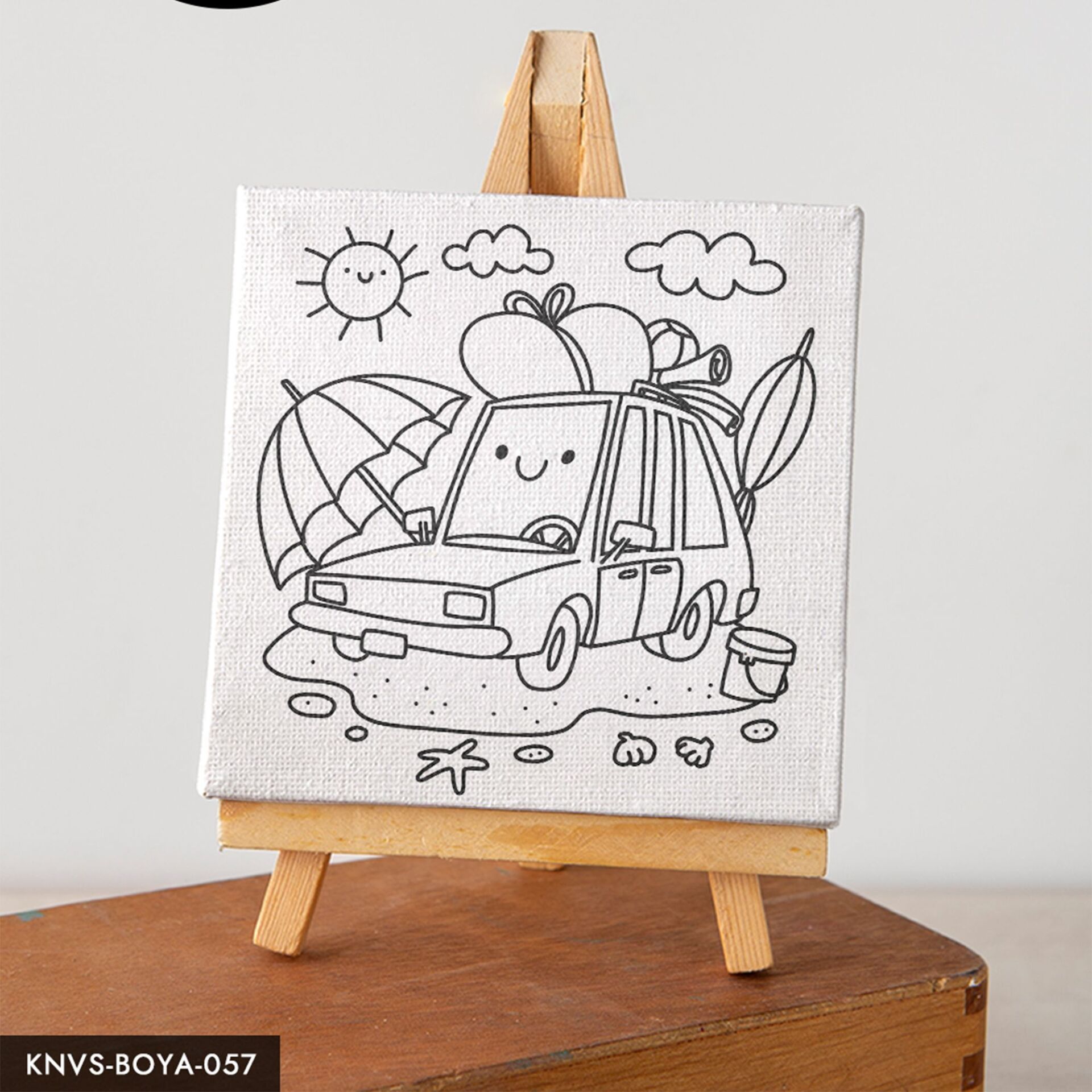 Yaz Tatilindeki Mutlu Araba Çocuklara Özel 20x20 CM Kanvas Tuval Boyama Seti Fırça Boya Dahildir